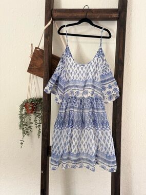 Hollister Blue & White Printed Cold-Shoulder Mini Dress